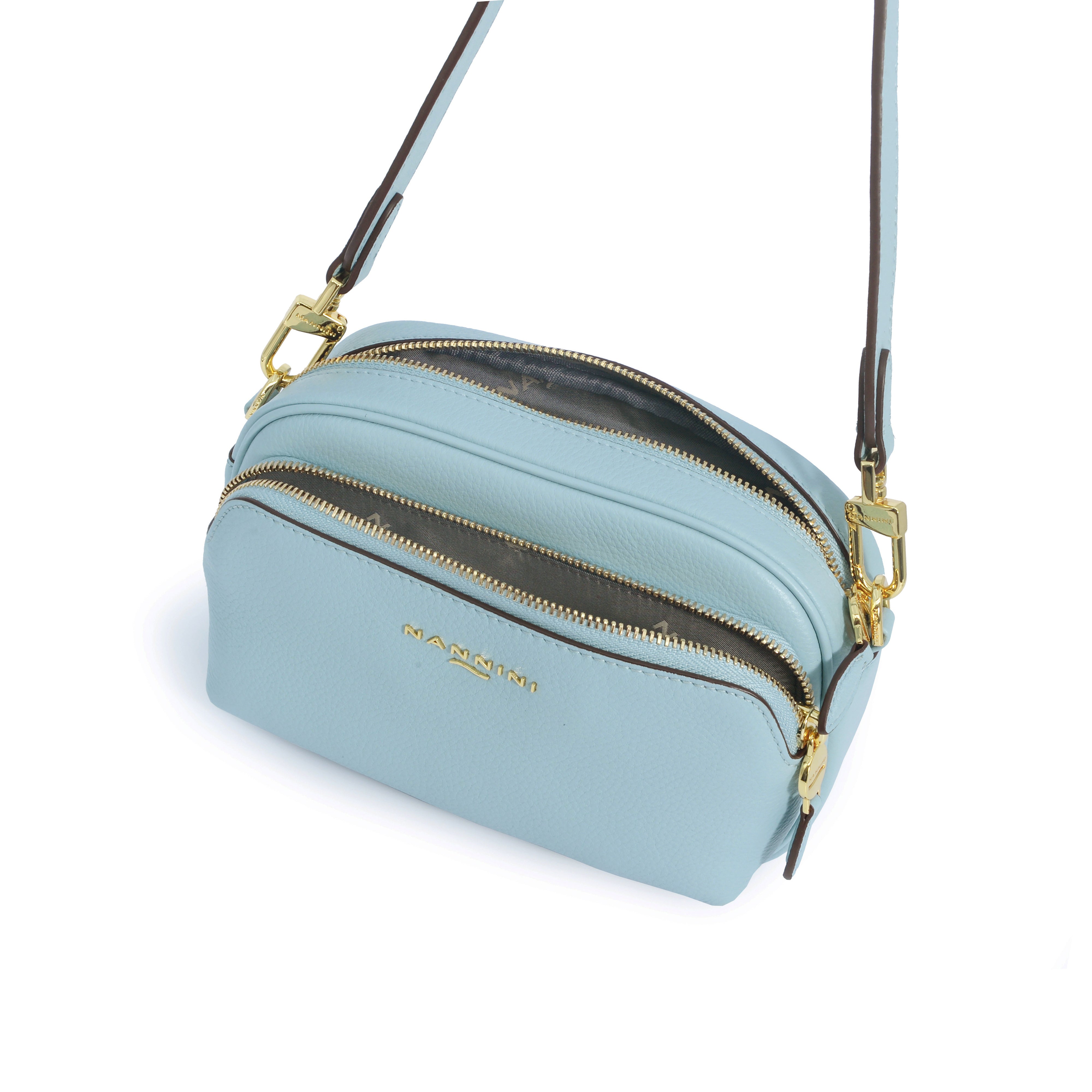 NANNINI borsa spalla donna tela cielo martellata celeste shopper