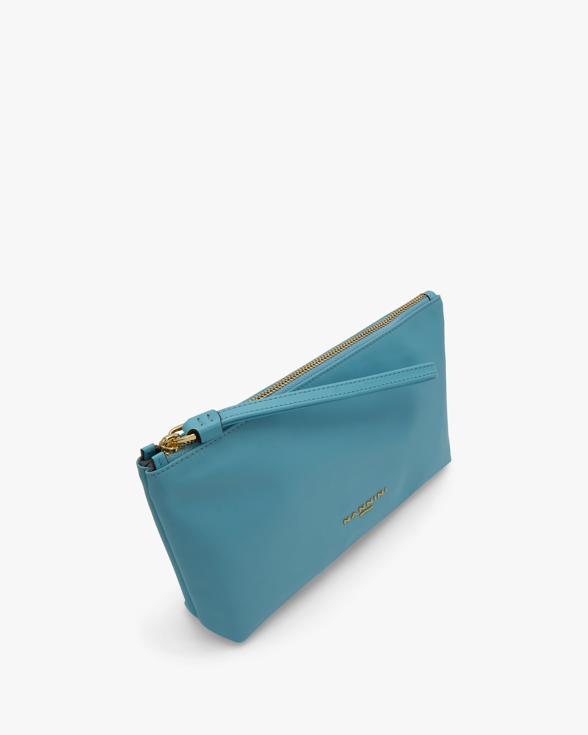 NANNINI borsa mano pelle martellata celeste logo oro