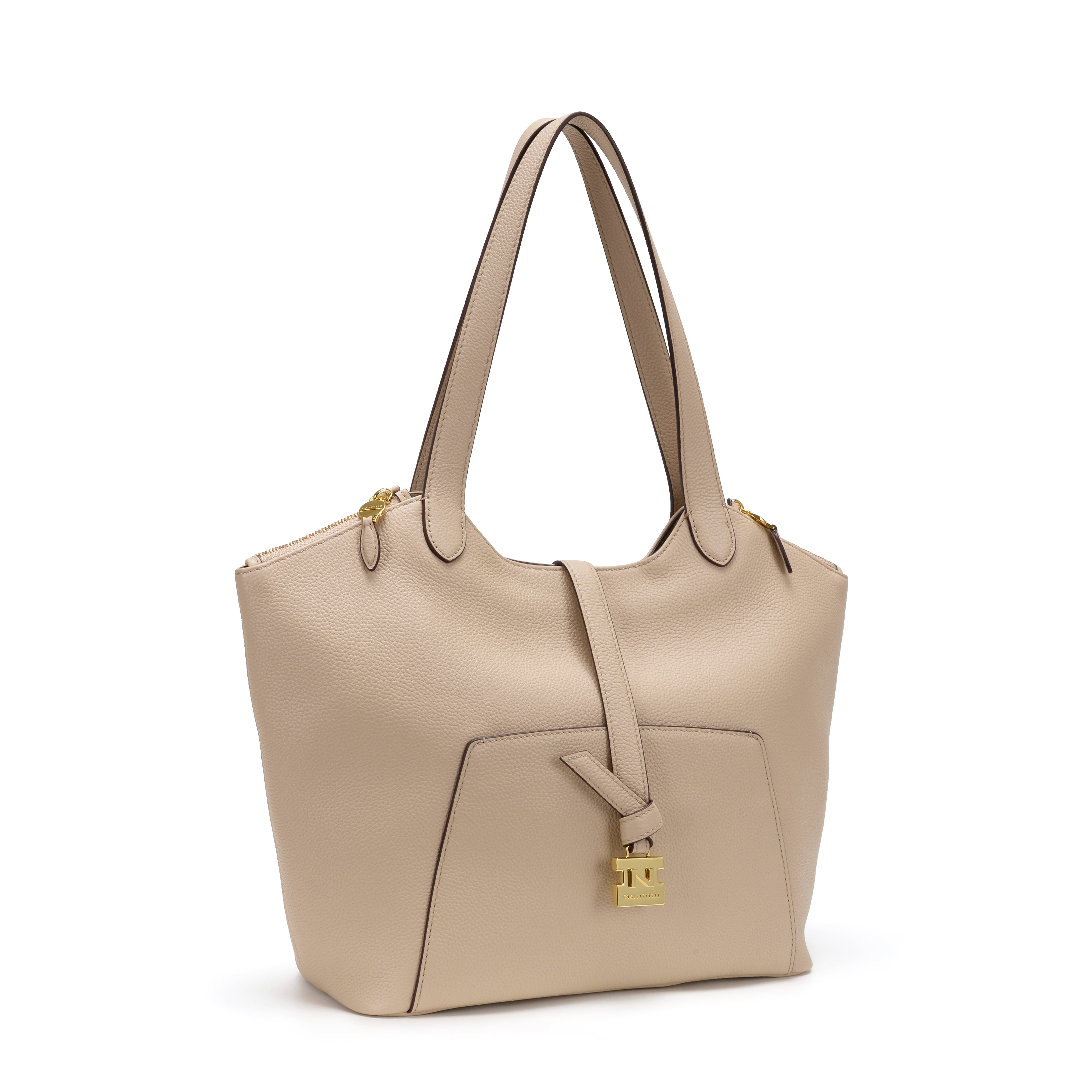 NANNINI Borsa a Mano Pelle Martellata Beige Bicolore Chic