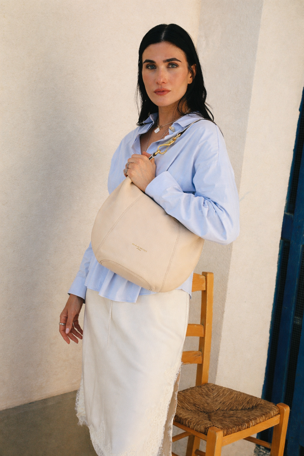 NANNINI shopper tessuto beige motivo geometrico manici intrecciati tracolla