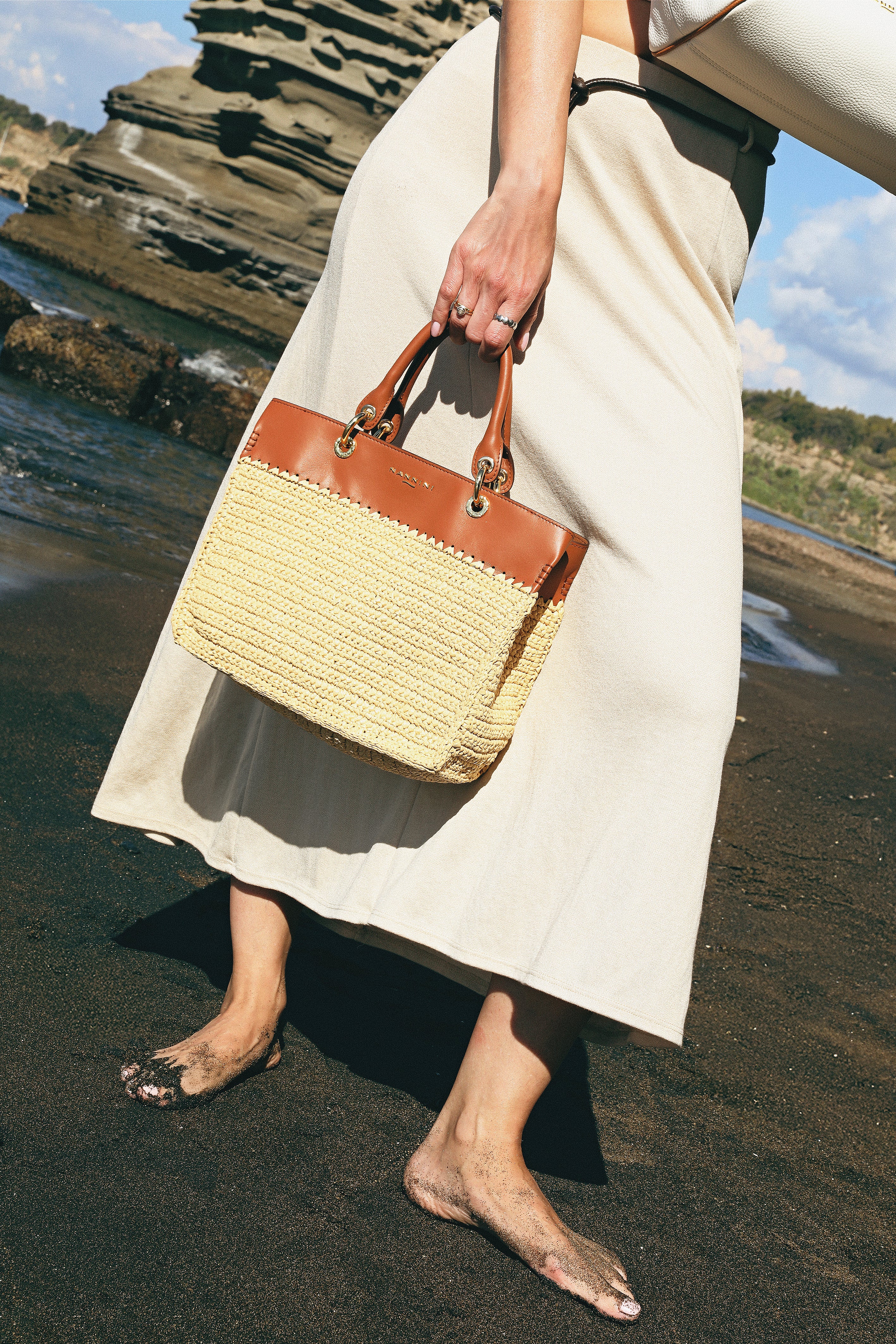 NANNINI borsa spalla donna pelle martellata tracolla beige
