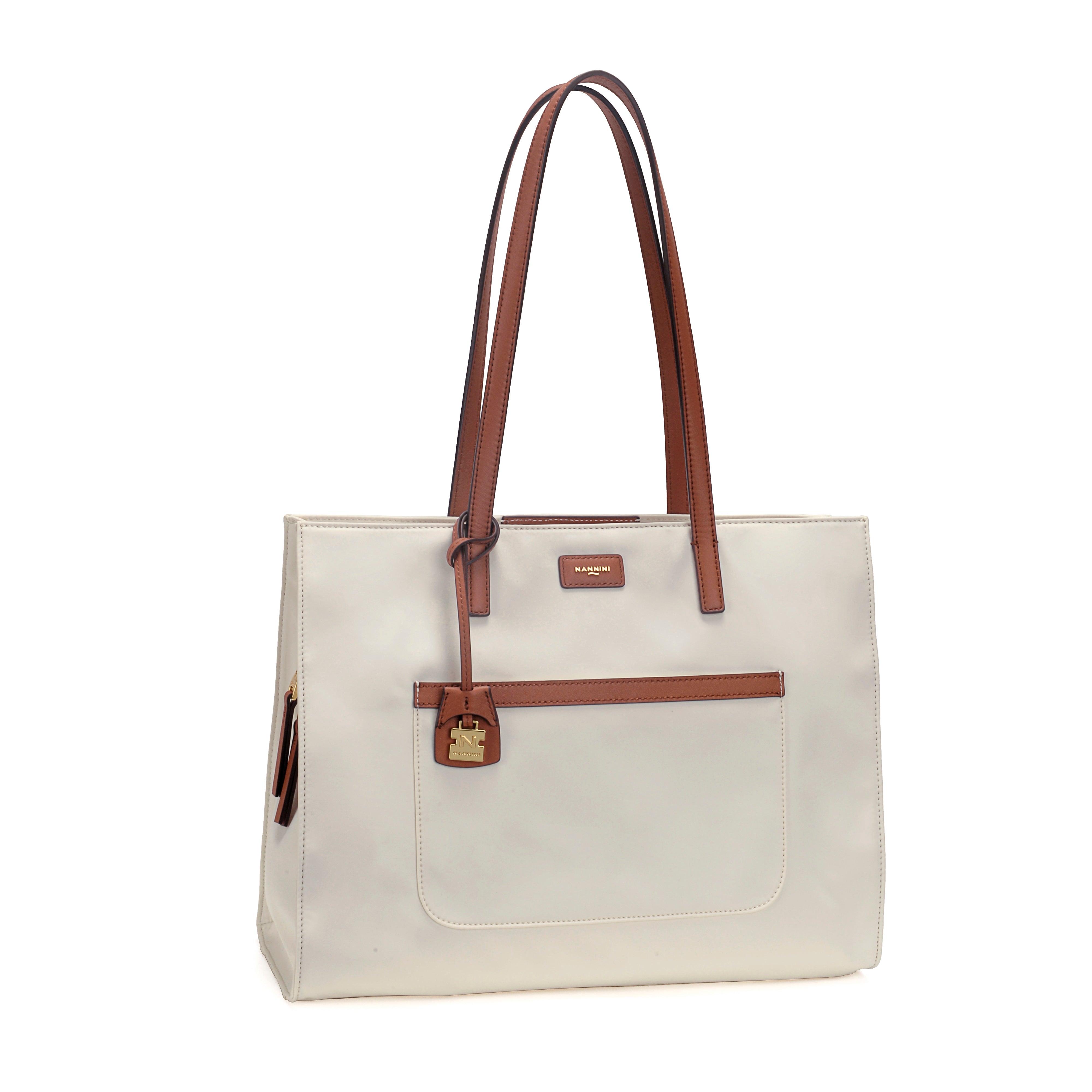 NANNINI Shopper Ecopelle Liscia Beige Dettagli Marroni Logo