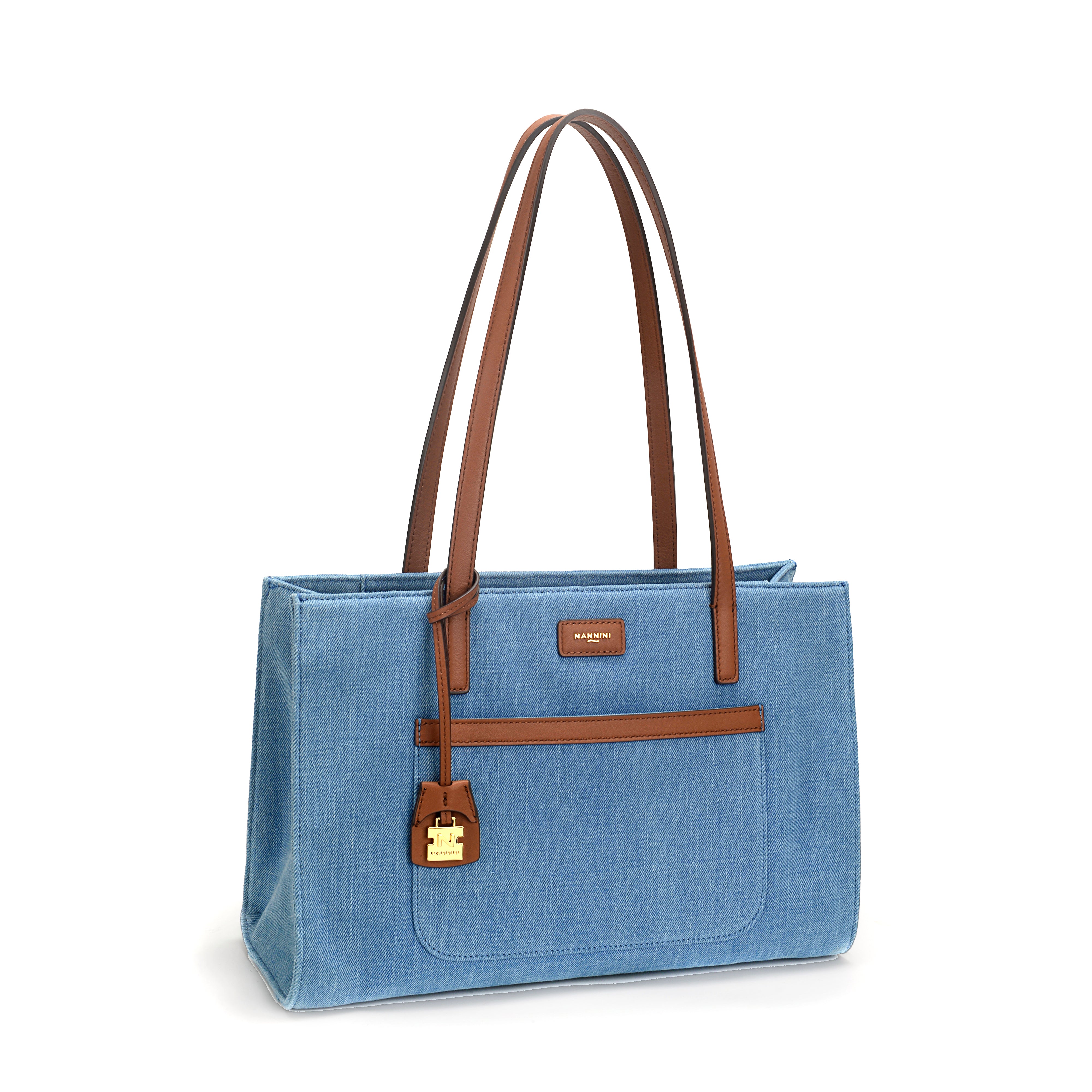 NANNINI tracolla jeans cuoio tasca patta fibbia frontale