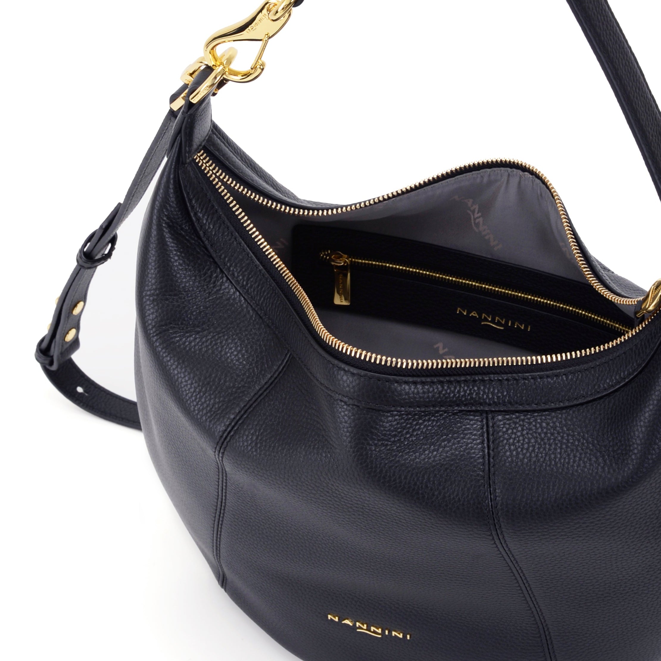 NANNINI borsa secchiello pelle saffiano navy metalleria oro