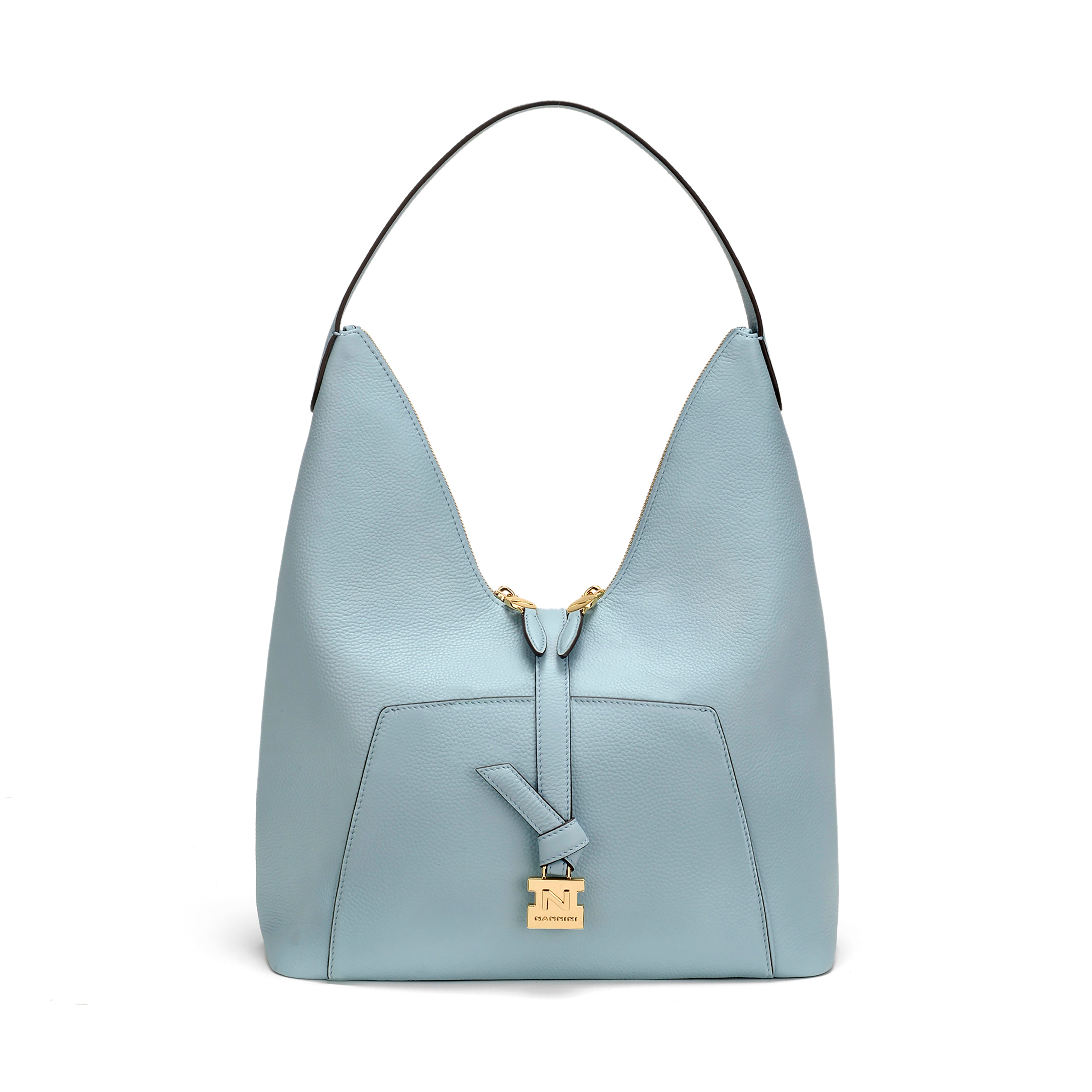 NANNINI borsa secchiello pelle saffiano azzurro cielo catena metallo