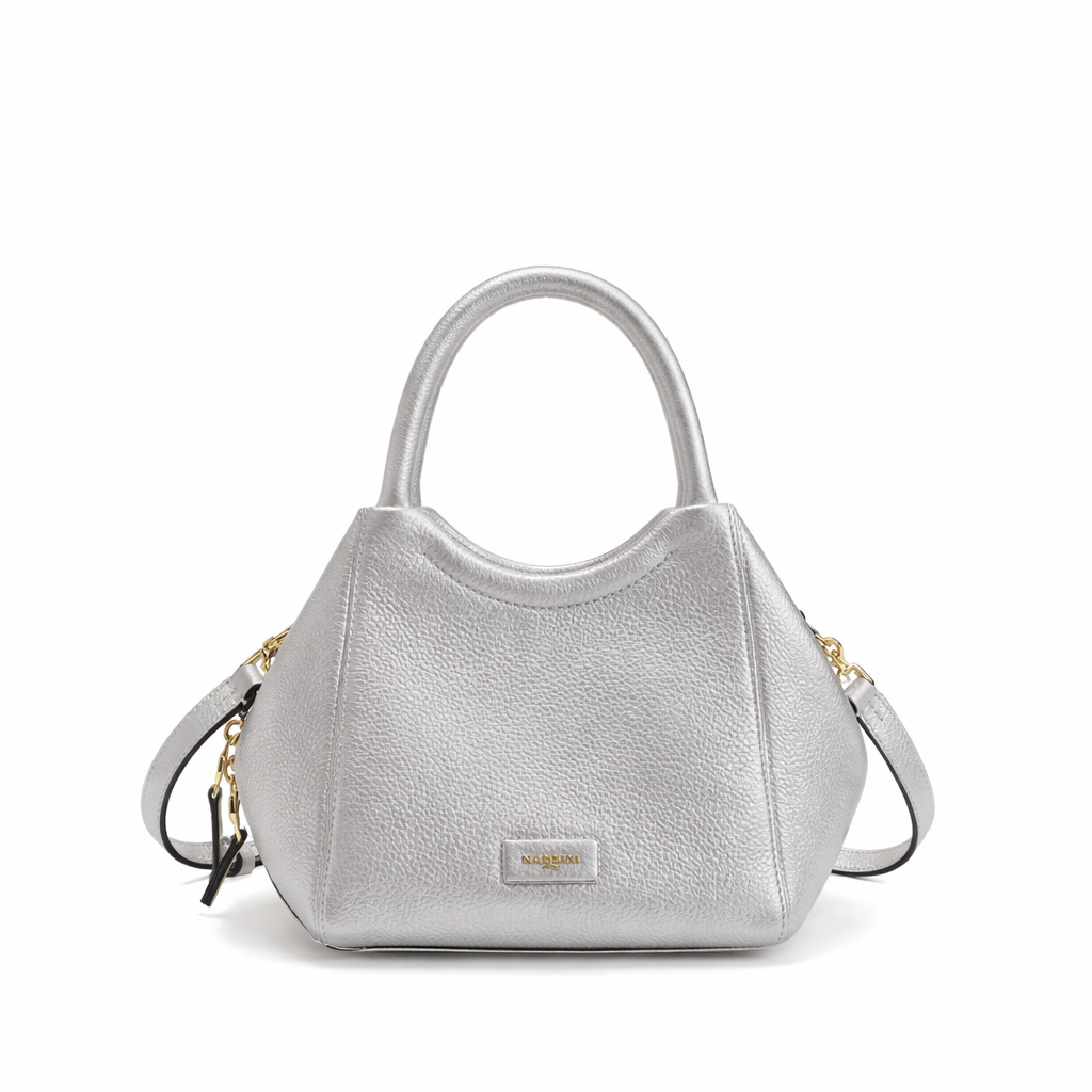 NANNINI borsa pelle lucida argento catena metallo spalla